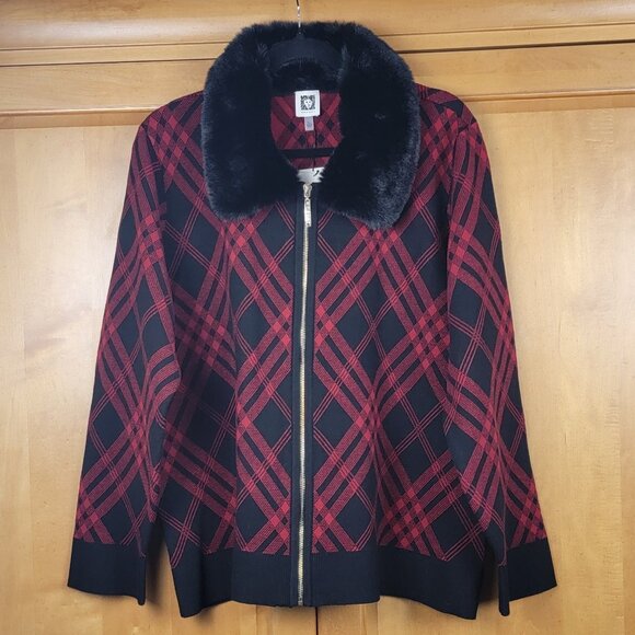 Anne Klein Sweaters - NWT Anne Klein Black & Red Full Zip Sweater Removable Faux Fur Collar - XL
